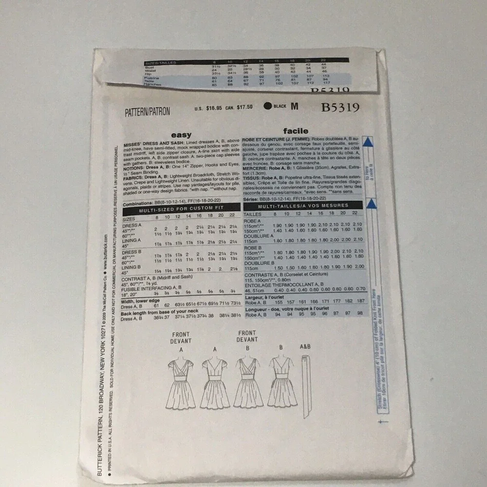 Wrap Dress Size 8-14 UNCUT Y2K Pattern B5319 Cap Sleeves Sash Sleeveless